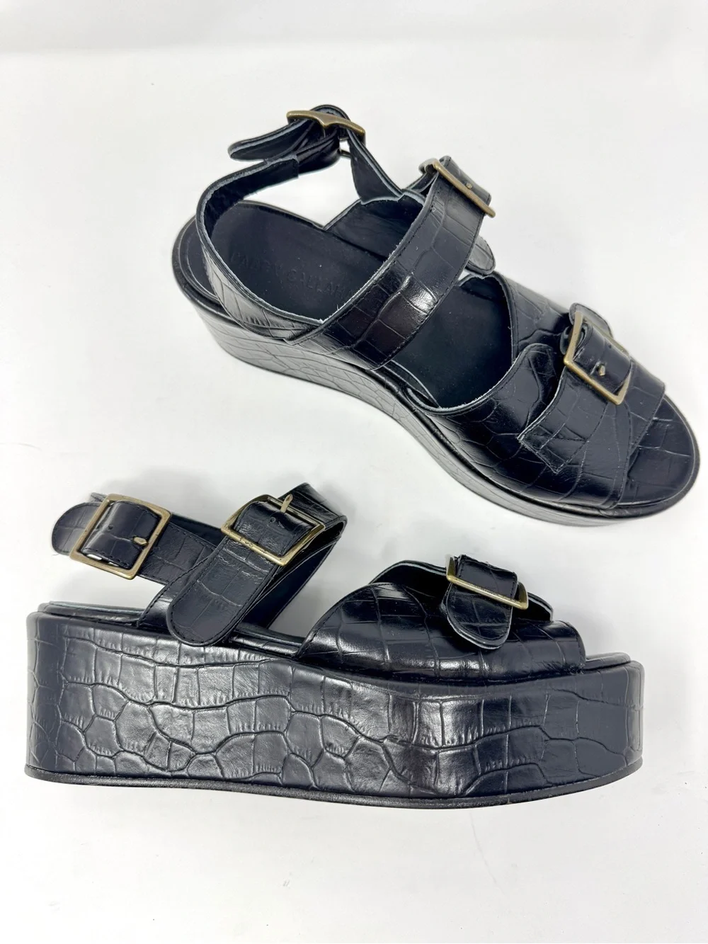 Caron Callahan Margaret Platform Sandal Faux Crocodile Buckle Straps Black Sz 9